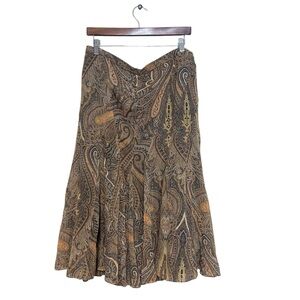 Anne Klein paisley print silk midi skirt size 16W brown career festive
